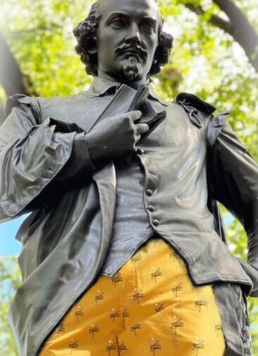 This is a picture of a statue of the Bard with really cool boxer briefs
